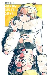  ando_ruruka blonde_hair bow breasts brown_pants commentary_request danganronpa_(series) danganronpa_3_(anime) dated female fur_collar fur_trim hand_up happy_birthday jacket kiri_(2htkz) long_sleeves looking_at_viewer medium_breasts pants pink_hair short_hair smile solo white_background white_bow yellow_background yellow_headwear 