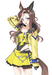  :d animal_ears arm_behind_back black_gloves blue_eyes blush brown_hair commentary_request cowboy_shot crop_top daring_heart_(umamusume) ear_covers female fur-trimmed_jacket fur_trim gloves highres horse_ears horse_girl horse_tail jacket long_hair looking_at_viewer multicolored_hair ningen3333 pleated_skirt simple_background single_ear_cover skirt smile solo streaked_hair tail umamusume white_background white_hair yellow_jacket yellow_skirt 