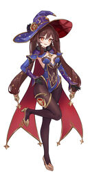  black_gloves breasts brown_hair capelet cleavage_cutout clothing_cutout compass_rose cosplay covered_navel crescent crescent_hat_ornament female flower-shaped_pupils foka_(beginner) full_body fur-trimmed_capelet fur_trim genshin_impact gloves gold_footwear hand_on_own_hip hat hat_ornament high_heels highres hu_tao_(genshin_impact) knee_up leotard mona_(genshin_impact) mona_(genshin_impact)_(cosplay) navel open_mouth pantyhose plunging_neckline purple_hat red_eyes simple_background small_breasts smile solo symbol-shaped_pupils twintails vision_(genshin_impact) white_background witch_hat 