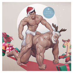  2021 2boys all_fours animal_costume antlers bara beard box briefs bulge christmas couple facial_hair full_beard gift gift_box hat highres horns human_chair human_furniture large_pectorals male_focus male_underwear mature_male multiple_boys muscular muscular_male muscular_uke mustache_stubble original pectorals red_headwear red_nose reindeer_antlers reindeer_costume santa_costume santa_hat short_hair silverjow sitting sitting_on_person size_difference stubble thick_beard thick_eyebrows thick_thighs thighs topless_male ulric_(silverjow) underwear wei_(silverjow) yaoi 