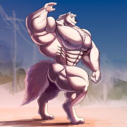  1:1 5_fingers abs anthro ass barazoku biceps big_biceps big_muscles big_pecs biped black_nose canid canine canis chest_tuft digital_media_(artwork) digitigrade fingers fur hair hi_res huge_muscles huge_pecs hyper hyper_muscles looking_at_viewer macro male mammal mervyn_(messu) muscular muscular_anthro muscular_arms muscular_male muscular_thighs navel nude outside pecs silver-stag simple_background smile solo tail tuft walking white_body white_fur wolf 