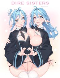  2girls arm_around_shoulder asymmetrical_docking black_bow black_jacket black_leotard black_necktie black_panties blue_eyes blue_hair bow breast_press breasts cleavage copyright_name dire_sisters english_commentary heart heart_hands heart_hands_duo heterochromia highres ivonne_(dire_sisters) jacket large_breasts leotard metalkrot multicolored_hair multiple_girls necktie panties panty_pull parted_lips pointy_ears purple_eyes renee_(dire_sisters) skindentation small_breasts smile star_(symbol) streaked_hair thighhighs twitter_username underwear white_hair white_thighhighs 