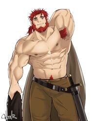  1boy abs absurdres bara beard belgrieve_(s-rank_musume) boukensha_ni_naritai_to_miyako_ni_deteitta_musume_ga_s_rank_ni_natteta brown_eyes bulge cowboy_shot excessive_armpit_hair facial_hair full_beard highres large_pectorals looking_at_viewer male_focus mature_male muscular muscular_male navel navel_hair nipples nongnakk pectorals ponytail red_hair sheath sheathed solo standing stomach strongman_waist thick_beard thick_eyebrows thick_thighs thighs topless_male wrinkled_skin 