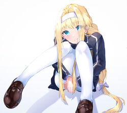  alice_zuberg black_jacket black_skirt blonde_hair blue_eyes bow braid braided_ponytail brown_footwear closed_mouth commentary_request female hairband hairbow hugging_own_legs jacket knees_up long_hair looking_at_viewer low-tied_long_hair nasubi_(nasubi555) pantyhose sidelocks sitting skirt smile solo sword_art_online sword_art_online:_alicization very_long_hair white_background white_bow white_hairband white_pantyhose 