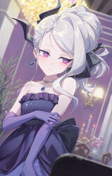  black_horns blue_archive commentary dangle_earrings demon_horns dress earrings elbow_gloves female gloves grey_hair highres hina_(blue_archive) hina_(dress)_(blue_archive) horns jewelry long_hair multiple_horns necklace nyamunyamu official_alternate_costume official_alternate_hairstyle pendant purple_dress purple_eyes purple_gloves solo strapless strapless_dress 