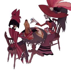  1boy absurdres alastor_(hazbin_hotel) demon demon_boy demon_girl disembodied_hand dress entrails female hazbin_hotel highres organs papelnln red_dress red_hair rosie_(hazbin_hotel) sitting table 