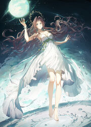  aerith_gainsborough aerith_gainsborough_(white_floral_dress) aqua_eyes bare_shoulders barefoot bracelet breasts brown_hair chinese_commentary commentary_request dress female final_fantasy final_fantasy_vii final_fantasy_vii_rebirth final_fantasy_vii_remake floating_hair flower highres jewelry kieta large_breasts long_hair magic materia parted_lips pendant solo strapless strapless_dress water_drop white_dress 