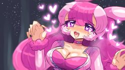  :3 :d animal_ears blush breasts choker cleavage drooling female fur-trimmed_sleeves fur_trim furrowed_brow hands_up heart heart-shaped_pupils large_breasts long_hair long_sleeves lovander murasakigezi naughty_face nose_blush oerba_yun_fang open_mouth palworld personification pink_choker pink_hair purple_eyes saliva smile solo sweat symbol-shaped_pupils 