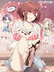  3girls asakura_toru barefoot blush bra breasts brown_hair chocolate_on_foot cleavage collarbone feet foot_focus foreshortening gangshangguang_(smjy5842) highres higuchi_madoka ichikawa_hinana idolmaster idolmaster_shiny_colors inset large_breasts leg_up looking_at_viewer md5_mismatch multiple_girls pink_bra shirt single_bare_leg single_barefoot sitting soles speech_bubble toes translated underwear white_shirt 