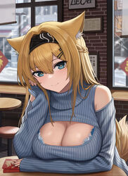  absurdres animal_ear_fluff animal_ears arknights arm_under_breasts bare_shoulders black_hairband blonde_hair blue_bra blue_eyes blush bra bra_peek breasts cafe chinese_new_year chinese_zodiac cleavage cleavage_cutout closed_mouth clothing_cutout commentary english_commentary female gaai hair_ornament hairband hairclip hand_on_own_cheek hand_on_own_face highres hongbao horn_(arknights) indoors large_breasts long_hair long_sleeves looking_at_viewer meme_attire open-chest_sweater sleeves_past_wrists smile snowing solo sweater tail underwear very_long_hair window wolf_ears wolf_girl wolf_tail year_of_the_dragon 