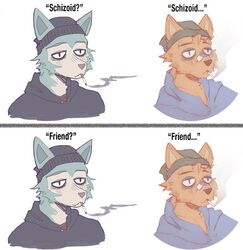  adhesive_bandage anthro band-aid bandage bandage_on_face bandage_on_nose beastars black_clothing black_hoodie black_topwear blue_body blue_fur canid canine canis cigarette clothing disappointed doomer_(meme) doomer_wojak fur happy happy_ending hat headgear headwear hoodie legoshi_(beastars) male mammal meme poppa_(poppaboi) sad smile smoke smoking smoking_cigarette solo text toffee_32 topwear upset wolf 