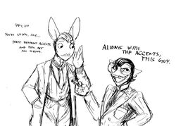  2024 american_opossum anthro black_and_white clothed clothing crossdressing dialogue english_text facial_hair female hand_in_pocket hi_res hladilnik lagomorph leporid mammal marsupial marylin_(hladilnik) monochrome moustache necktie pockets pro_bun_(hladilnik) rabbit slicked_back_hair solo suit text topwear vest 