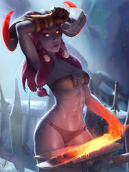  artist_name bandeau braid breasts cleavage colored_sclera colored_skin commentary_request dated female fire genderswap_(mtf) gloves grey_bandeau grey_panties hammer highres horns league_of_legends long_hair medium_breasts navel ornn panties photoshop_(medium) pink_hair purple_skin red_sclera rule_63 shiny_skin single_glove snowing stomach sword themaestronoob underwear variant_set weapon yellow_eyes 