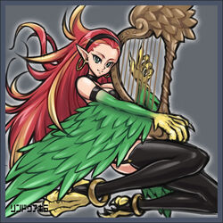  anklet bare_shoulders bird_legs black_thighhighs breasts claws commentary_request duel_monster earrings feathered_wings feathers female garter_straps green_eyes green_feathers green_wings grey_background harp harpie_harpist harpy holding holding_instrument hoop_earrings instrument jewelry long_hair looking_at_viewer medium_breasts monster_girl pointy_ears red_hair rindou_akira solo stirrup_legwear thighhighs toeless_legwear very_long_hair winged_arms wings yu-gi-oh! 