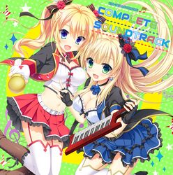  2girls :d album_cover alternate_costume ascot belt black_belt black_bow black_choker black_gloves blonde_hair blue_ascot blue_bow blue_eyes blue_skirt blunt_bangs blush bow breasts cd_(source) choker cleavage cleavage_cutout clothing_cutout copyright_name cover cropped_shirt diamond_earrings earrings english_text feet_out_of_frame fingerless_gloves floating_hair flower frilled_shirt frilled_sleeves frills garter_straps gloves green_background green_eyes hair_between_eyes hair_flower hair_ornament hairbow hand_up happy heart heart-shaped_ornament heart_earrings holding holding_instrument holding_microphone instrument jewelry keytar kin-iro_loveriche kisaki_reina knees_together_feet_apart large_breasts long_hair long_sleeves looking_at_viewer microphone miniskirt moribe_(rabumanyo) multiple_girls navel official_art open_mouth puffy_short_sleeves puffy_sleeves red_bow red_flower red_rose red_skirt rose shirt short_sleeves sidelocks simple_background skirt smile sparkle straight_hair sylvia_le_cruzcrown_sortilege_sisua thighhighs third-party_source toranosuke twintails v very_long_hair wavy_hair white_belt white_gloves white_shirt white_thighhighs zettai_ryouiki 