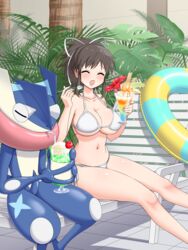  ^_^ asuka_(senran_kagura) bare_arms bare_legs bare_shoulders beach_chair bikini black_hair blue_innertube blush breasts chair cherry cleavage closed_eyes collarbone commission crossover cup dessert drink drinking_glass drinking_straw eating female fern flower food food_on_face frilled_innertube fruit greninja groin hair_ribbon hibiscus highres holding holding_food holding_ice_cream holding_spoon ice ice_cream ice_cream_float ice_cube indoors innertube large_breasts lounge_chair melon melon_slice melon_soda micro_bikini navel open_mouth orange_(fruit) orange_slice parfait plant pokemon pokemon_(creature) ponytail poolside red_flower ribbon risapaso senran_kagura senran_kagura_shoujo-tachi_no_shin&#039;ei short_hair short_ponytail sidelocks sitting skeb_commission skindentation smile spoon strap_gap string_bikini striped_innertube swim_ring swimsuit syrup tongue tongue_scarf trait_connection tree tropical_drink wafer wafer_stick webbed_feet webbed_hands whipped_cream white_bikini white_ribbon yellow_innertube 