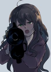  ahoge backlighting brown_hair commentary_request crying crying_with_eyes_open female flower green_eyes grey_background gun hair_between_eyes hair_flower hair_ornament highres holding holding_gun holding_weapon hood hood_down hoodie kanbe_kotori long_hair long_sleeves looking_at_viewer lower_teeth_only open_mouth pink_flower pink_hoodie pointing pointing_at_viewer rewrite rifle rimorimo serious sidelocks simple_background solo spoilers straight-on tears teeth tsurime twintails upper_body v-shaped_eyebrows very_long_hair wavy_hair weapon 