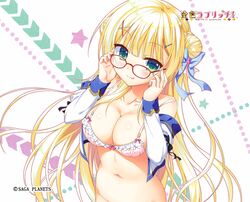  :3 :p absurdres bare_shoulders bespectacled blonde_hair blue_bow blunt_bangs blush bow bra breasts cleavage closed_mouth collarbone company_name copyright_name double_bun female floating_hair frilled_bra frills glasses green_eyes hair_bun hair_ornament hairbow hairclip hands_up highres kin-iro_loveriche large_breasts long_hair long_sleeves looking_at_viewer moribe_(rabumanyo) navel official_art open_clothes open_shirt pink_bra red-framed_eyewear shirt sidelocks simple_background smile solo star_(symbol) straight_hair strap_slip sylvia_le_cruzcrown_sortilege_sisua tongue tongue_out underwear upper_body very_long_hair white_background white_shirt x_hair_ornament 