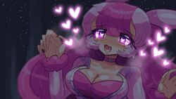  :3 :d animal_ears blush breasts choker cleavage drooling female fur-trimmed_sleeves fur_trim furrowed_brow hands_up heart heart-shaped_pupils large_breasts long_hair long_sleeves lovander murasakigezi naughty_face nose_blush oerba_yun_fang open_mouth palworld personification pink_choker pink_hair purple_eyes saliva smile solo sweat symbol-shaped_pupils 