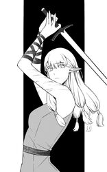  arm_wrap arms_up bare_shoulders blunt_bangs breasts chinese_commentary closed_mouth dress dungeon_meshi elf eyelashes female fighting_stance from_side greyscale hair_tubes highres holding holding_sword holding_weapon irithyll8157351 long_hair looking_at_viewer looking_to_the_side medium_breasts milsiril_(dungeon_meshi) monochrome multiple_scars outside_border pointy_ears sash scar scar_on_arm sleeveless sleeveless_dress solo sword two-handed upper_body weapon 