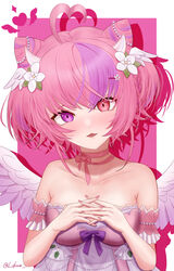  ahoge bare_shoulders bow breasts collarbone cone_hair_bun dress feathered_wings female flower hair_bun head_wings heart heart_ahoge heterochromia highres ironmouse ironmouse_(fallen_angel) large_breasts likuo multicolored_hair neck_ribbon parted_lips pink_eyes pink_hair pink_nails pink_ribbon purple_bow purple_eyes purple_hair ribbon short_hair solo strapless strapless_dress streaked_hair twitter_username two-tone_hair virtual_youtuber vshojo white_flower white_wings wings 