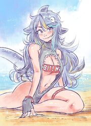  beach breasts commentary day english_commentary female fingerless_gloves fins fish_tail gloves hair_ornament highres jd_benefield mako_sameshima mole multicolored_hair navel ocean one-piece_swimsuit outdoors prism_project red_eyes sand shark_fin shark_girl shark_tail sharp_teeth skull_hair_ornament solo swimsuit tail teeth thigh_strap virtual_youtuber 