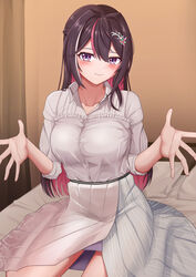  azki_(4th_costume)_(hololive) azki_(hololive) blush breasts brown_hair collared_dress colored_inner_hair dress female hair_ornament highres hiiragi_melt hololive large_breasts long_hair looking_at_viewer multicolored_hair official_alternate_costume pink_hair purple_eyes smile solo streaked_hair virtual_youtuber white_dress 