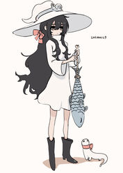  absurdres black_hair creature dated dress female fish gregor_(tsurunoka) hair_between_eyes hair_ribbon hat highres lead_white_(tsurunoka) long_hair long_sleeves original red_ribbon ribbon rope shadow simple_background solo tsumetai_(tsurunoka) very_long_hair white_background white_dress white_hat witch_hat 