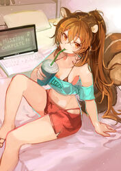  :3 animal_ears aqua_shirt barefoot bed black_bra bra breasts brown_eyes brown_hair commission computer crop_top cropped_shirt cup disposable_cup drinking drinking_straw female hair_between_eyes highleg highleg_panties highres holding holding_cup indoors laptop long_hair medium_breasts nagasawa_tougo off-shoulder_shirt off_shoulder on_bed original panties park_bokja pillow pixiv_commission ponytail red_panties red_shorts shirt shorts sitting solo squirrel_ears squirrel_girl squirrel_tail tail underwear 