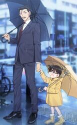  2boys bicycle black-framed_eyewear black_eyes black_footwear black_hair black_umbrella blue_eyes blurry blurry_background blush boots brown_hair collared_shirt commentary_request edogawa_conan facial_hair formal full_body glasses height_difference highres holding holding_umbrella hood hood_down jacket k_(gear_labo) lolicon long_sleeves looking_at_another male_focus meitantei_conan mouri_kogoro moustache multiple_boys necktie open_mouth outdoors pants purple_jacket purple_necktie purple_pants purple_suit rain raincoat rubber_boots shadow shirt shoes short_hair standing suit sweatdrop umbrella white_shirt yellow_footwear yellow_raincoat yellow_umbrella 