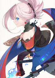  bare_shoulders blue_eyes breasts closed_mouth commentary dual_wielding earrings fate/grand_order fate_(series) female fire hair_ornament highres holding holding_sword holding_weapon japanese_clothes jewelry kimono large_breasts looking_at_viewer miyamoto_musashi_(fate) miyamoto_musashi_(third_ascension)_(fate) off_shoulder pink_hair ponytail profile sheath smile solo sword weapon white_background yunar 