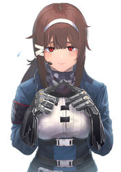  absurdres blush breasts brown_hair female fingers_together girls&#039;_frontline hanabusaraleigh highres index_fingers_together js_9_(girls&#039;_frontline) long_hair mechanical_arms medium_breasts red_eyes sidelocks smile solo 