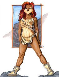  2019 absurd_res anthro archie_comics athletic athletic_anthro athletic_female black_nose blue_eyes bottomwear breasts brown_body brown_fur cavewoman chipmunk clothing female fur ground_squirrel hair hi_res loincloth mammal midriff navel pinup pose prehistoric red_hair revy_lagoon rodent sally_acorn sciurid sega solo sonic_the_hedgehog_(archie) sonic_the_hedgehog_(comics) sonic_the_hedgehog_(series) toned_calves toned_muscles toned_stomach 