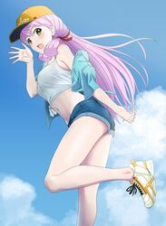  akashi_(kancolle) alternate_costume blue_shorts blush female foot_out_of_frame green_eyes groin hair_between_eyes hair_ribbon hat highres kantai_collection long_hair mikan_29344886 navel open_mouth pink_hair red_ribbon ribbon shoes short_shorts shorts smile sneakers solo tress_ribbon 