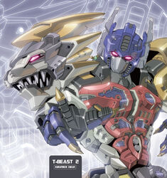  beast_wars beast_wars_ii cover cover_page doujin_cover glowing glowing_eyes kuramochi_kyouryuu lio_convoy lion looking_at_viewer maximal mecha photoshop_(medium) pink_eyes pointing pointing_at_viewer robot solo transformers 