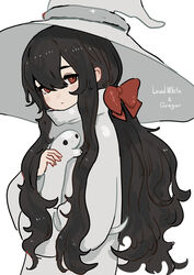  absurdres black_hair bow character_name creature dress female gregor_(tsurunoka) hair_between_eyes hairbow hat highres lead_white_(tsurunoka) long_hair long_sleeves original red_bow simple_background solo tsumetai_(tsurunoka) upper_body white_background white_dress white_hat witch_hat 