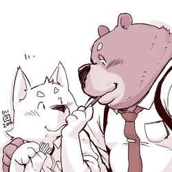  1:1 2016 anthro arm_around_shoulders bear blush canid canine canis clothing conoji domestic_dog duo eating food hug humanoid_hands kemono male mammal necktie overweight overweight_male pocky shirt simple_background topwear white_background 