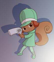  black_eyes brown_body brown_fur brown_hair clothing dress dryer female fur hair hair_dryer hanna-barbera hat headgear headwear legwear mammal penny_squirrel rodent sciurid secret_squirrel_show solo stockings yamanokonza 