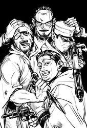  4boys aiming aiming_at_viewer arisaka bandaged_head bandages black_background bolt_action cape check_commentary clenched_teeth closed_mouth collared_jacket commentary commentary_request facial_hair forehead_protector from_side goatee golden_kamuy greyscale gun hair_slicked_back handgun hands_on_another&#039;s_head hat highres holding holding_gun holding_scissors holding_weapon hood hood_down hooded_cape imperial_japanese_army jacket kawasaki_(kwskkx85) kepi kikuta_mokutaro long_sleeves looking_at_viewer male_focus military military_hat military_uniform monochrome moustache multiple_boys ogata_hyakunosuke one_eye_covered open_mouth revolver rifle scar scar_on_cheek scar_on_face scissors short_hair simple_background smile star_(symbol) stubble teeth tongue tongue_out tsukishima_hajime tsurumi_tokushirou uniform upper_body weapon white_cape 