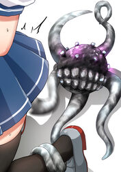  abyssal_ship black_thighhighs blue_skirt comiching enemy_naval_mine_(kancolle) female highres kantai_collection leg_grab out_of_frame pleated_skirt restrained school_uniform serafuku shoes skirt tentacle thighhighs tsushima_(kancolle) 