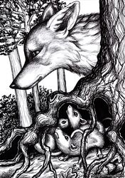  2021 ambiguous_gender canid canine feral forest fox group hi_res hiding hunter hunting kekpafrany mammal monochrome murid murine plant prey_(disambiguation) rat rodent signature traditional_media_(artwork) tree tree_root 