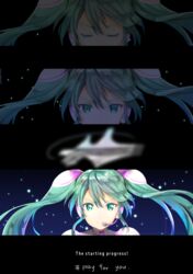  absurdres bad_id bad_pixiv_id caption commentary_request crying female gonsuke_(5nsukeey) green_eyes green_hair hashtag hatsune_miku_(shinkalion) headset highres logo long_hair opening_eyes shinkalion_(series) shinkansen_henkei_robo_shinkalion twintails 