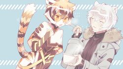  1boy ahoge animal_ears arknights bear_boy bear_ears black_hair chopsticks commentary_request cup disposable_cup feeding female food furry furry_female highres jacket jaye_(arknights) meatball multicolored_hair orange-tinted_eyewear orange_hair partial_commentary steam striped_fur sunglasses sweater tail tiger_ears tiger_girl tiger_stripes tiger_tail tinted_eyewear too_big_heart waai_fu_(arknights) white_hair 