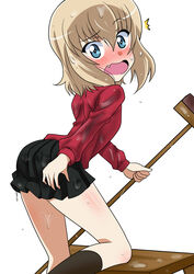  ^^^ absurdres black_skirt black_socks blonde_hair blue_eyes blush bob_cut breasts broom commentary embarrassed female from_behind frown girls_und_panzer highres holding holding_broom katyusha_(girls_und_panzer) knee_up leaning_forward looking_at_viewer looking_back miniskirt oerba_yun_fang open_mouth petite pleated_skirt pravda_school_uniform red_shirt school_uniform shirt short_hair simple_background skirt skirt_tug small_breasts socks solo standing sweatdrop turtleneck wakku_kan wet wet_clothes wet_shirt wet_skirt white_background 