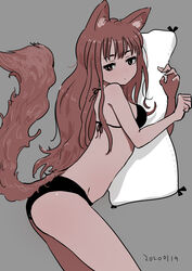  absurdres animal_ears bikini black_bikini brown_eyes brown_hair cowboy_shot dated female fox_ears fox_tail from_side grey_background hands_up highres holding holding_pillow long_hair original pillow simple_background solo swimsuit tail tsumetai_(tsurunoka) 