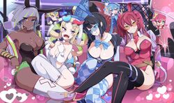  ... 4girls animal_ears between_breasts black_hair blonde_hair blue-tinted_eyewear bow bowtie breasts cleavage couch crossed_legs dark-skinned_female dark_skin demon_tail demon_wings drill_hair duel_monster ear_piercing earrings evil_twin_ki-sikil evil_twin_lil-la fangs gloves grey_hair grin heart highres jewelry ki-sikil_(yu-gi-oh!) large_breasts lil-la_(yu-gi-oh!) live_twin_ki-sikil live_twin_lil-la luna_(dm)_(yu-gi-oh!) multiple_girls naruyan_mk-ii necktie necktie_between_breasts orange-tinted_eyewear piercing playboy_bunny rabbit_ears rabbit_girl red_hair second-party_source small_breasts smile sunglasses sunny_(yu-gi-oh!) tail thighhighs tinted_eyewear twintails v white_gloves wings yu-gi-oh! 