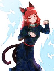  :3 alternate_hairstyle animal_ears bow cat_ears cat_tail dress dungeon_toaster extra_ears female floral_print hair_down highres hitodama kaenbyou_rin long_sleeves looking_at_viewer multiple_tails nekomata paw_pose pointy_ears red_eyes red_hair solo tail touhou two_tails 