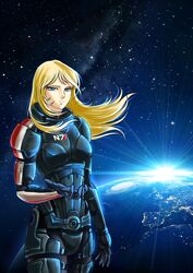  1980s_(style) alternate_hair_color alternate_hair_length alternate_hairstyle animification armor blonde_hair blue_eyes commander_shepard commander_shepard_(female) commentary cyborgheart female floating_hair highres mass_effect_(series) mass_effect_1 matsumoto_leiji_(style) n7_armor open_hand parody planet retro_artstyle solo space style_parody 