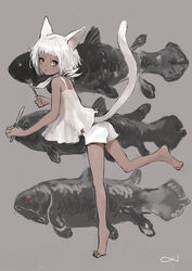  absurdres animal_ears bare_legs barefoot brown_eyes camisole cat_ears cat_girl cat_tail dark-skinned_female dark_skin female fish fork from_behind grey_background highres knife leg_up original short_hair shorts solo tail tsumetai_(tsurunoka) white_camisole white_hair white_shorts 