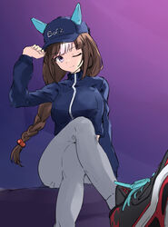  animal_ears baseball_cap blue_hat blue_jacket boc&#039;z_(umamusume) braid breasts brown_hair closed_mouth crossed_legs female grey_pants hair_bobbles hair_ornament hand_on_headwear hat highres hokko_tarumae_(boc&#039;z)_(umamusume) hokko_tarumae_(umamusume) horse_ears horse_girl jacket long_hair long_sleeves medium_breasts multicolored_hair one_eye_closed pants purple_eyes shoes sitting smile sneakers solo tiara_(871220) twin_braids two-tone_hair umamusume 